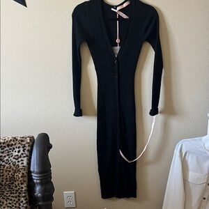 House of CB Black Ribbed Button-Front Midi Dress